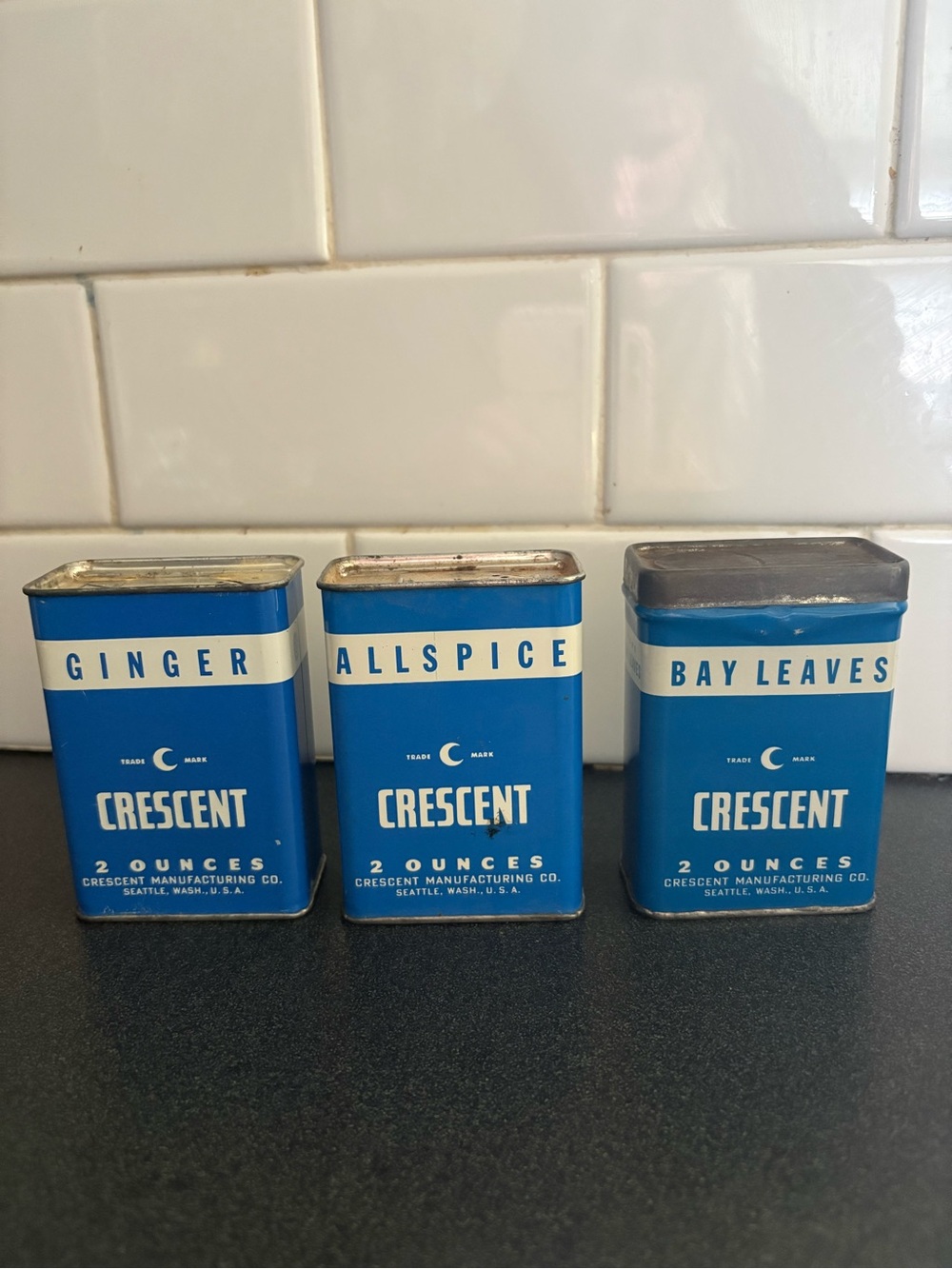 Vintage 1950s Crescent Moon Blue Metal Spice Tins - Ginger, Allspice, Bay Leaves